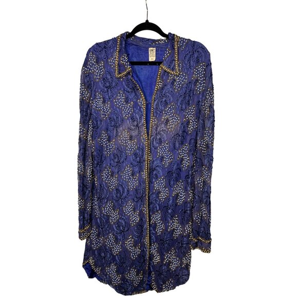 Gunit Womens Beaded Sheer Royal Blue Long Jacket XL 100% Rayon Made In India - Picture 2 of 14